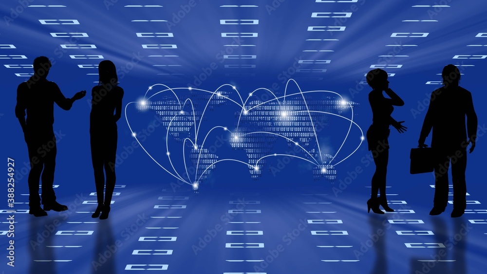 Poster abstract business background with binary world map - black silhouette of people group - blue virtual