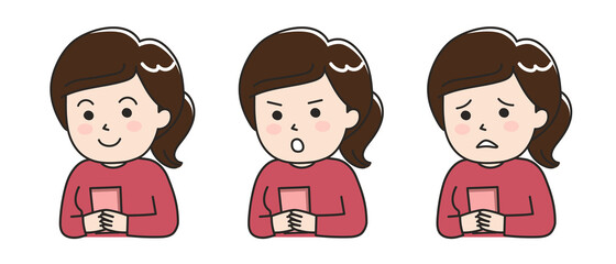 Different expressions of young lady using a smartphone. Vector illustration isolated on white background.