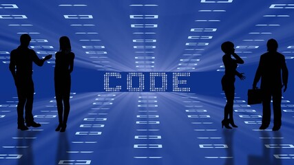Abstract business background with CODE lettering - black silhouette of people group - blue virtual room with arranged digits of binary code - 3D illustration