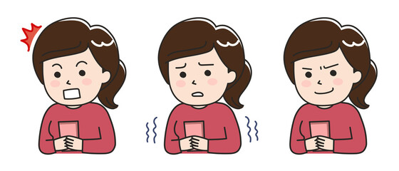 Facial expressions of woman using a smartphone in a bad situation. Vector illustration isolated on white background.