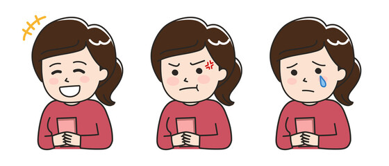 Facial expressions of young lady using a smartphone. Vector illustration isolated on white background.