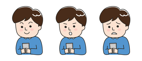 Different expressions of young man using a smartphone. Vector illustration isolated on white background.
