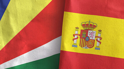 Spain and Seychelles two flags textile cloth 3D rendering