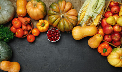 Crop of autumn vegetables of pumpkin, tomatoes, carrots, etc on black background