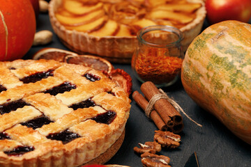Berry tart pie on black table close up