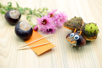 Chestnut figure of a bug. Autumn tinker decoration.