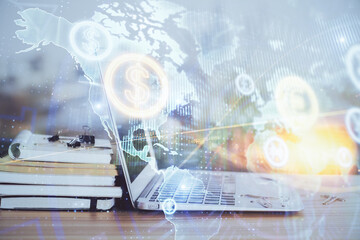 Forex Chart hologram on table with computer background. Multi exposure. Concept of financial markets.