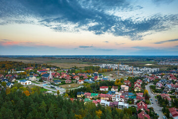 Aerial landscape of the Rotmanka village at sunset. Poland