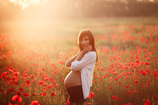 Portrait of young pregnant woman relaxing on poppies field. Healthy pregnancy and travel concept. Bright sunset and poppies