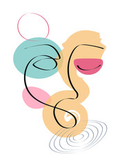 Contemporary abstract face. Modern outline female silhouette, cubism portrait with colored spots. Hand drawn trendy vector illustrations. One line, minimalist concept pastel colors