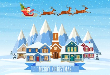 A house in a snowy Christmas landscape. Santa Claus on a sleigh. concept for greeting or postal card. Merry christmas holiday. New year and xmas celebration