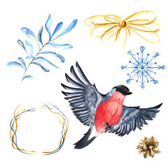 Naklejka premium Watercolor winter set with bullfinch and elements