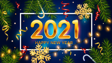 New Years and Christmas blue background with golden numbers 2021, realistic pine branches, candy, glitter gold snowflakes and tinsel. New Years and Christmas poster, greeting card, banner