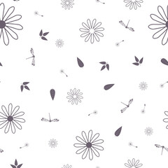 Floral fantasy seamless pattern. Mix of leaves, flowers and insects of a gentle lilac color on a white background.