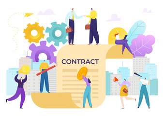 Agreement contract between people, business teamwork partnership deal vector illustration. Finance businessman corporate work concept. Document partner team flat success, office sign communication.