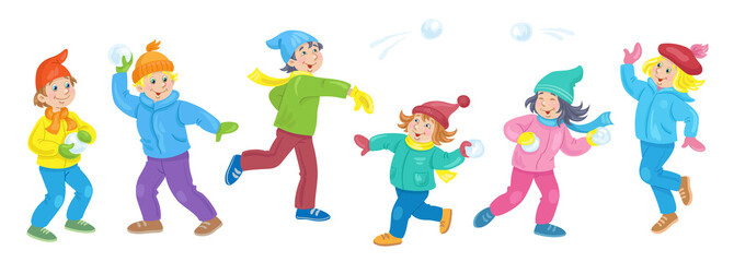 Winter fun. Group of happy boys and girls playing snowball. Banner in cartoon style. Isolated on white background. Vector flat illustration.