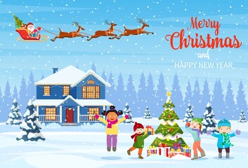 Obraz na płótnie Canvas happy new year and merry Christmas greeting card. Christmas landscape. kids decorating a Christmas tree. Winter holidays. Santa Claus with deers in sky. Vector illustration in flat style