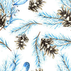 Watercolor seamless pattern with blue foliage
