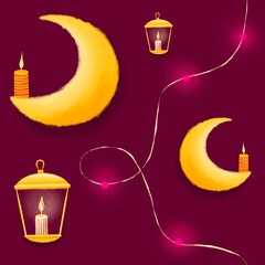 seamless pattern with moons, candles,, christmas lights, lamps