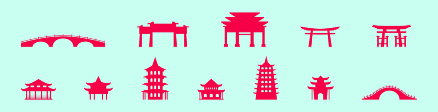 set of japanese architecture cartoon icon design template with various models. vector illustration isolated on blue background