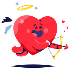 Cute heart with angel wings, halo, bow and arrow vector cartoon character isolated on a white background.