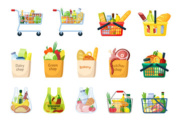 Grocery baskets and shopping bags set. Plastic and metal containers full of vegetables and fruits with cold cuts and dairy products wheels ripe yellow bananas smoked salami bread. Cartoon vector.