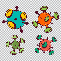 Cartoon virus and bacteria vector set isolated on a transparent background.