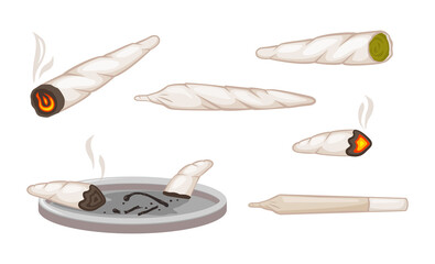 Marijuana shoals. Narcotic green hemp carefully wrapped in paper smoking only lit cigarette with ganja and almost smoked extinguished cigarette butts in ashtray hashish relaxation. Vector clipart.