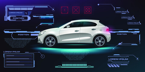 City car vector. Futuristic user interface. HUD UI. Abstract virtual graphic touch user interface. Cars infographic. Car options. Diagnostics and condition