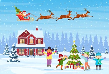 happy new year and merry Christmas greeting card. Christmas landscape. kids decorating a Christmas tree. Winter holidays. Santa Claus with deers in sky. Vector illustration in flat style