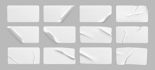 White glued crumpled stickers with curled corners mock up set. Blank white adhesive paper or plastic sticker label with wrinkled and creased effect.