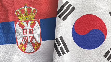 South Korea and Serbia two flags textile cloth 3D rendering
