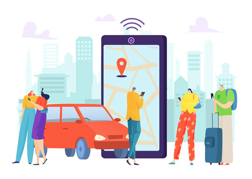 Online service application with map location, rent automobile vector illustration. Car sharing by cab auto transport, rental transportation and vehicle ride. Share navigation for passenger character.