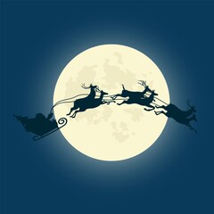 Silhouette illustration of Santa Claus driving his sleigh with the moon as the background. Vector illustration