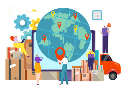 Cargo delivery with map, courier logistic service vector illustration. Trade by truck shipment, freight shipping and package. Online supply distribution and transport gps, van global deliver.