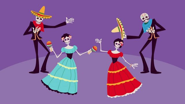dia de los muertos animation with skeletons group