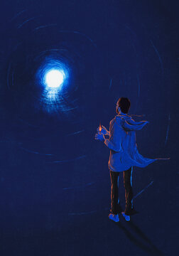 Man in tunnel holding lit match looking up to light