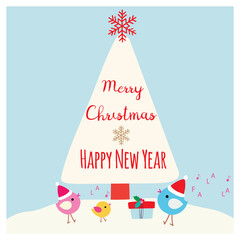 Cute colorful Merry Christmas greeting card with lettering. Happy birds with Santa hats, snow, present and Xmas tree illustration on light blue background. Vector design element. Great for stickers