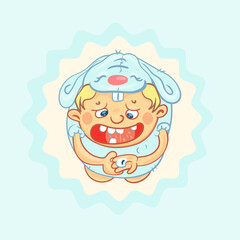 The baby has lost a baby tooth, he is dumbfounded. Funny illustration. Yeah, my baby lost another baby tooth.