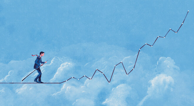 Businessman walking along graph as tightrope in sky