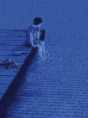 Boy dangling feet in water covered in words