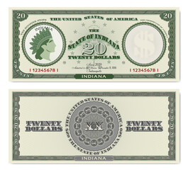 Paper money obverse and reverse. Fictional American 20 dollars note is dedicated to the state of Indiana. Indian head wearing a national feather crown. Human profile from thin lines. EPS10
