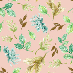 Botanical branches foliage leaves seamless pattern Gold, brown and green color illustration watercolor hand paint For design textiles, paper, wallpaper