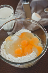 Pancake baking process. Ingredients for dough, baking pancakes on a quick breakfast.