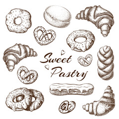 Hand drawn baked products on white background. pastry illustration. pastry sketch for cafe or bakery menu design in vintage engraved style. donuts, croissants, eclair, pretzels graphic icon set. - obrazy, fototapety, plakaty