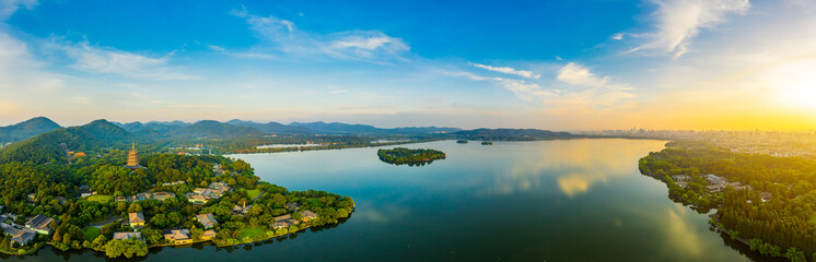 West Lake Leifeng Pagoda scenery in Hangzhou at sunrise,China.Aerial view.