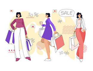 Happy women with purchases. Sale. Objects are isolated.