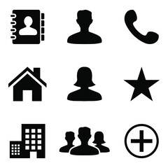 Icon pack. Phonebook icon, Male person icon, Phone Icon, Home Icon, Female person icon, Star Icon, Office Icon, Group icon, Add icon. Set of contact icon for app, mobile, web and design.