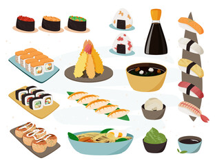 Japanese food collection. Vector set of realistic illustrations.Traditional Japan dishes.