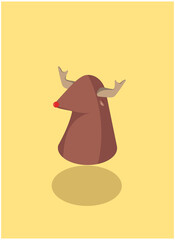 Isometric three-dimensional christmas deer with horns and red nose.